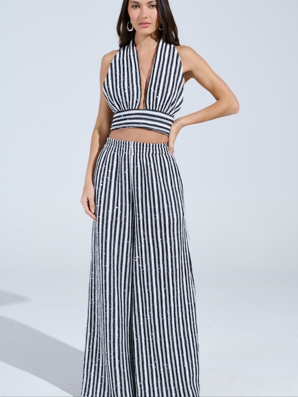 Akira Sequin Wide Leg Pants in Black & White Like New With Matching Halter